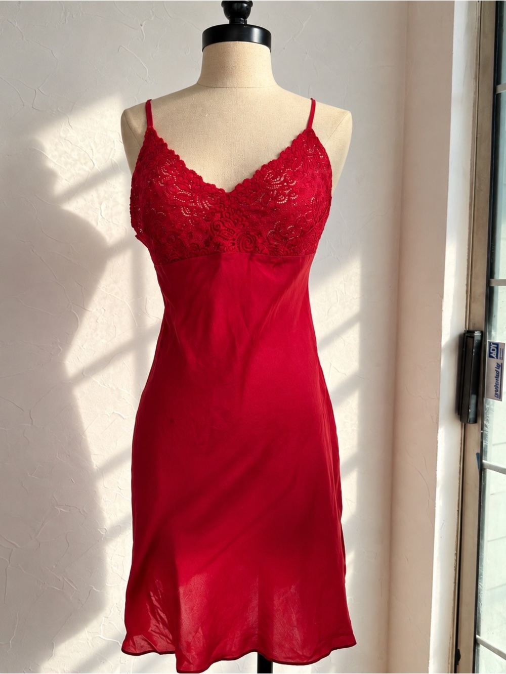 Vintage 90s Red 100% Silk Lace Slip Dress Mini Lingerie Dress Size M